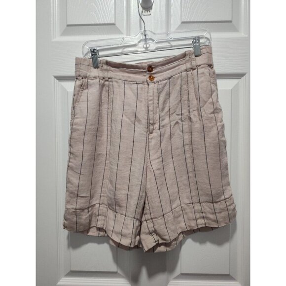 Soft Surroundings Tan Khaki Montecito 100% Linen Shorts Size Small Blue Stripe - Picture 1 of 9